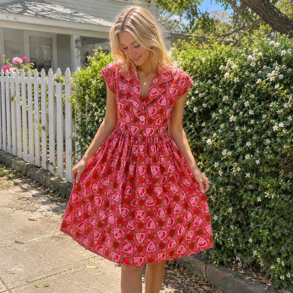 Handmade Vtg Y2K Watermelon Print Rhinestone Dress Retro Rockabilly Coquette M/L